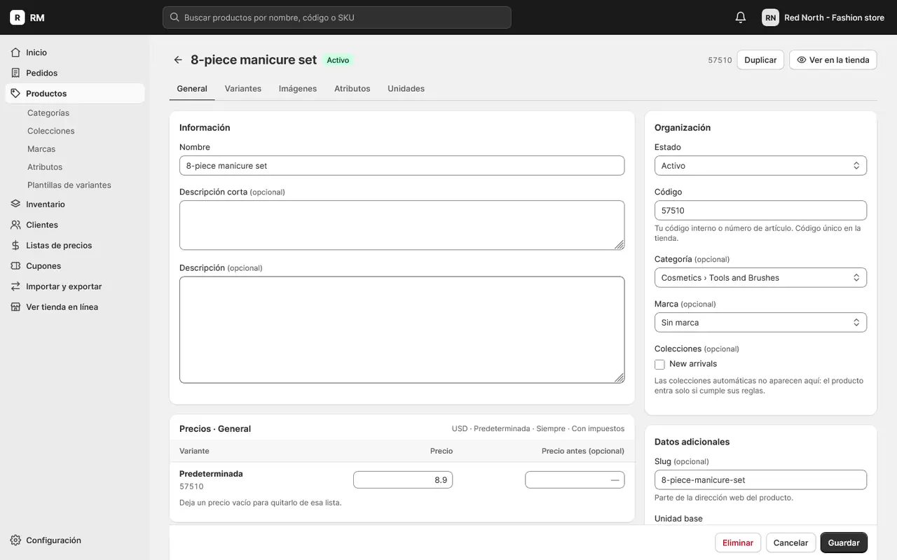 Ficha de un producto con sus datos, imágenes y variantes.